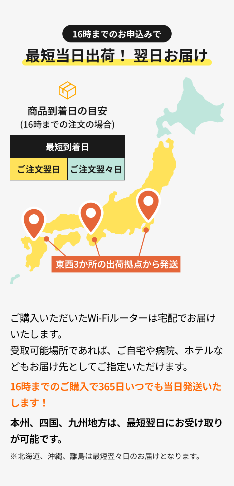 16時までのお申込みで最短当日出荷! 翌日お届け / 商品到着日の目安 (16時までの注文の場合) ご注文翌日 / ご注文翌々日。東西3か所の出荷拠点から発送。ご購入いただいたWi-Fiルーターは宅配でお届けいたします。受取可能場所であれば、ご自宅や病院、ホテルなどもお届け先としてご指定いただけます。16時までのご購入で365日いつでも当日発送いたします!本州、四国、九州地方は、最短翌日にお受け取りが可能です。※北海道、沖縄、離島は最短翌々日のお届けとなります。