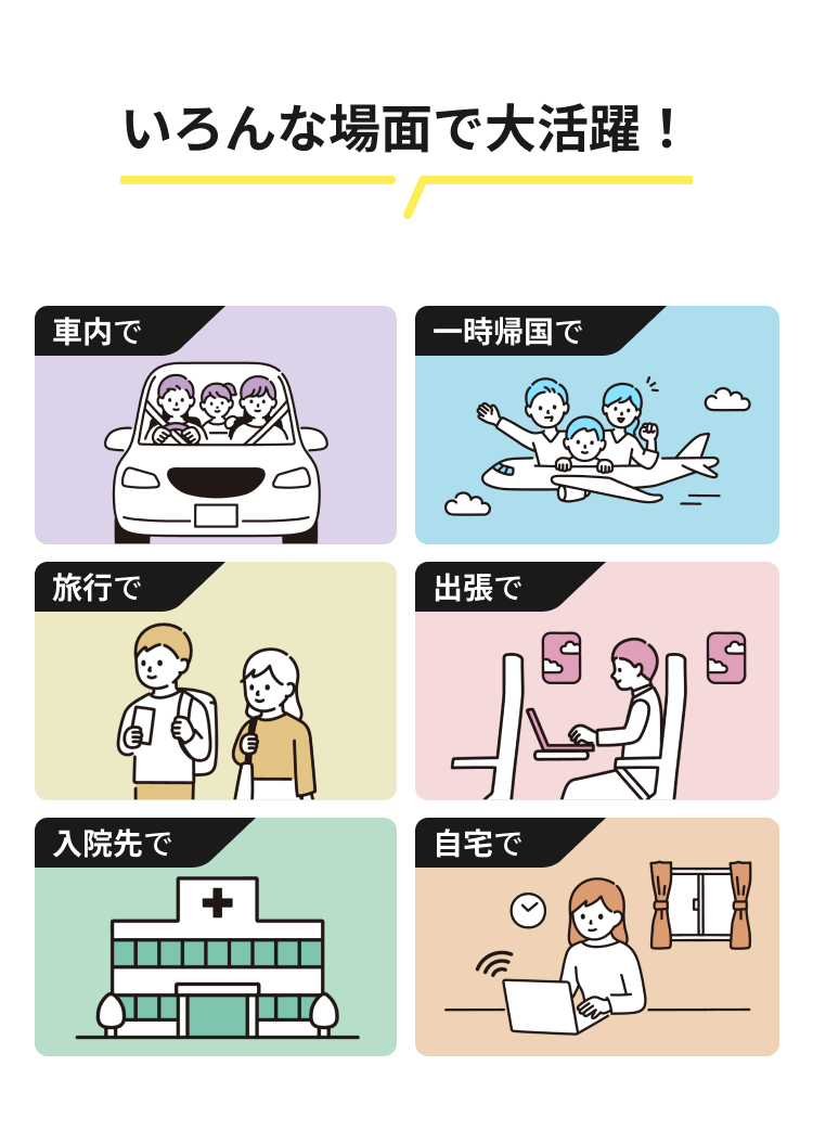 いろんな場面で大活躍! チャージWiFiは、車内 / 一時帰国 / 旅行 / 出張 / 入院先 / 自宅 など多様なシーンでお使いいただけます。